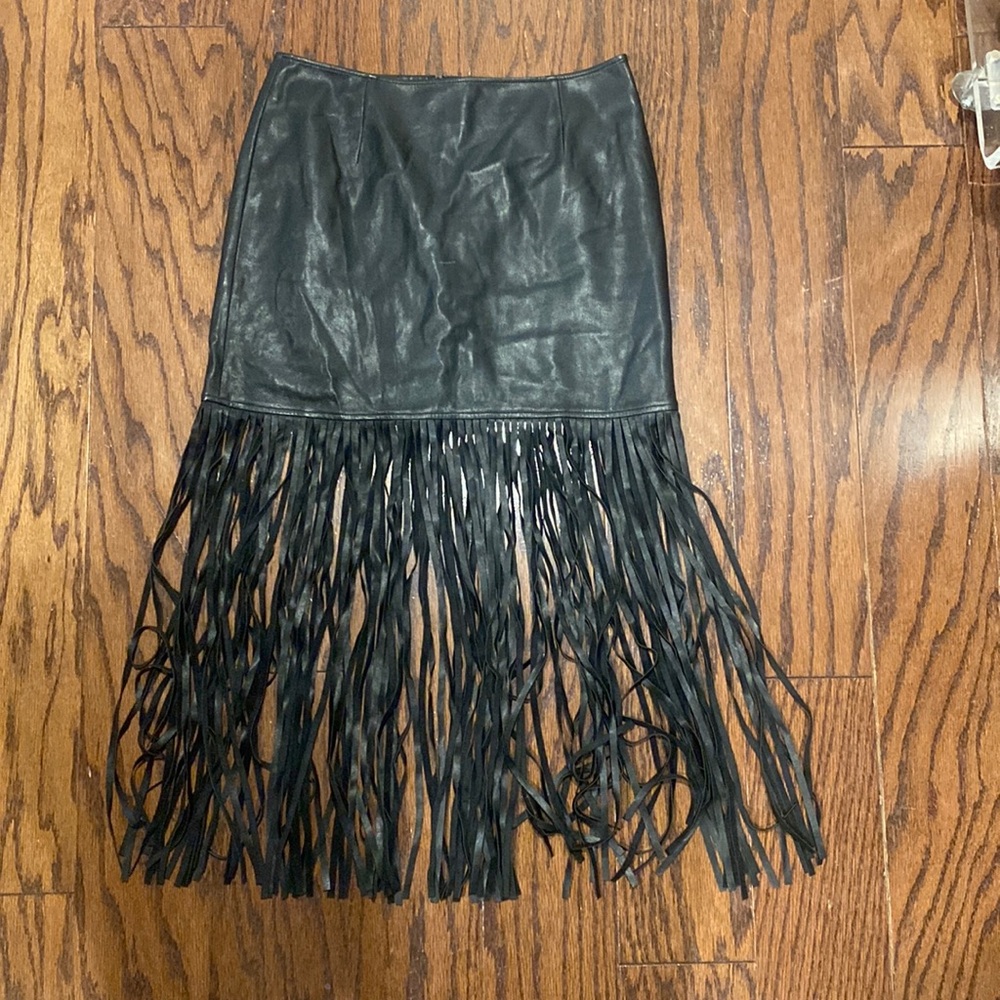 Genuine leather fringe midi skirt